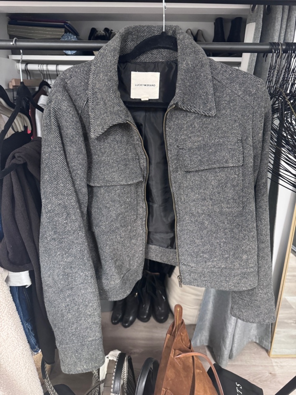 Lucky Brand Herringbone Cropped Jacket - grey, women’s medium